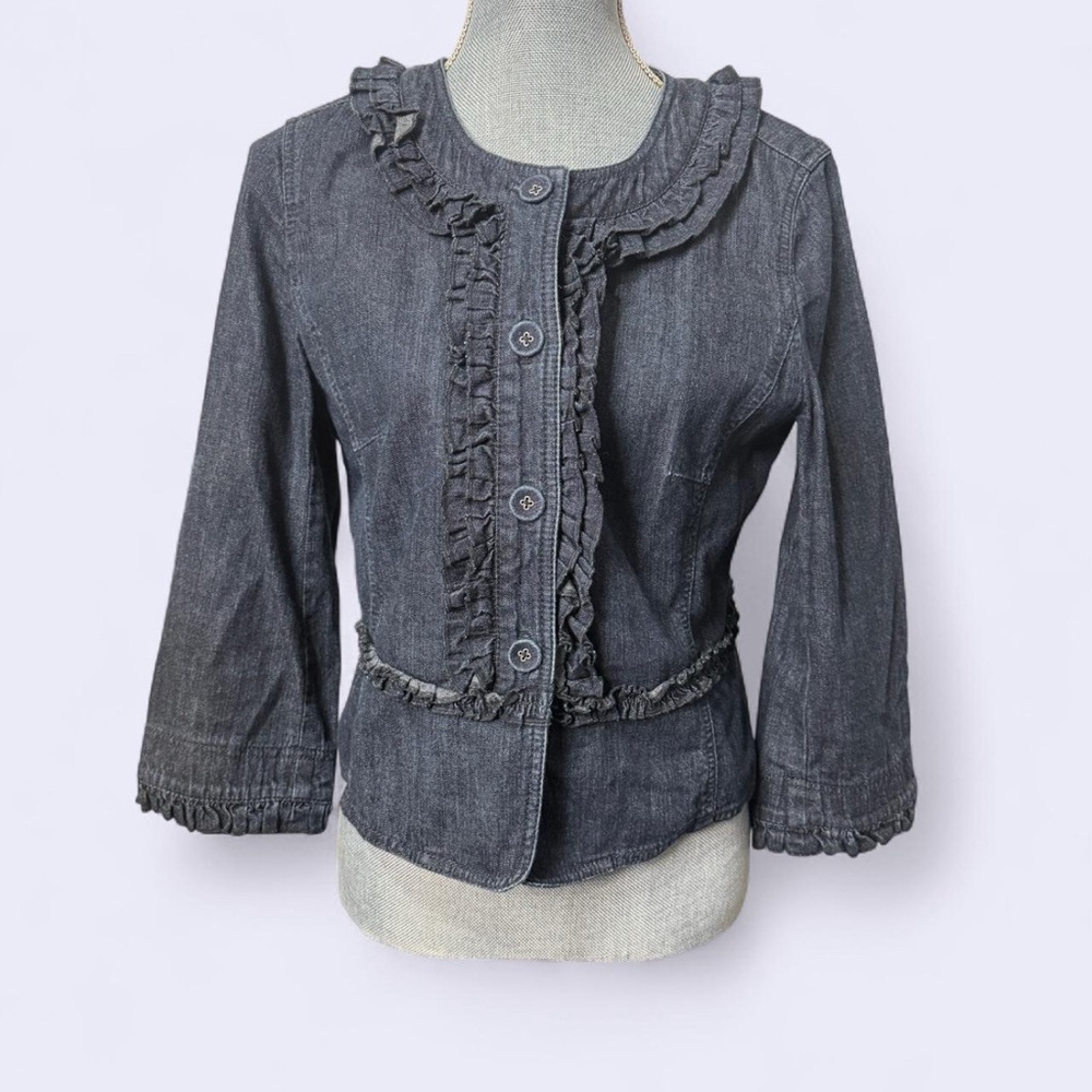 Ann Taylor Jean Jacket Sz 8 Dark Wash Denim. Ruffles Buttons Peplum 3/4th Sleeve